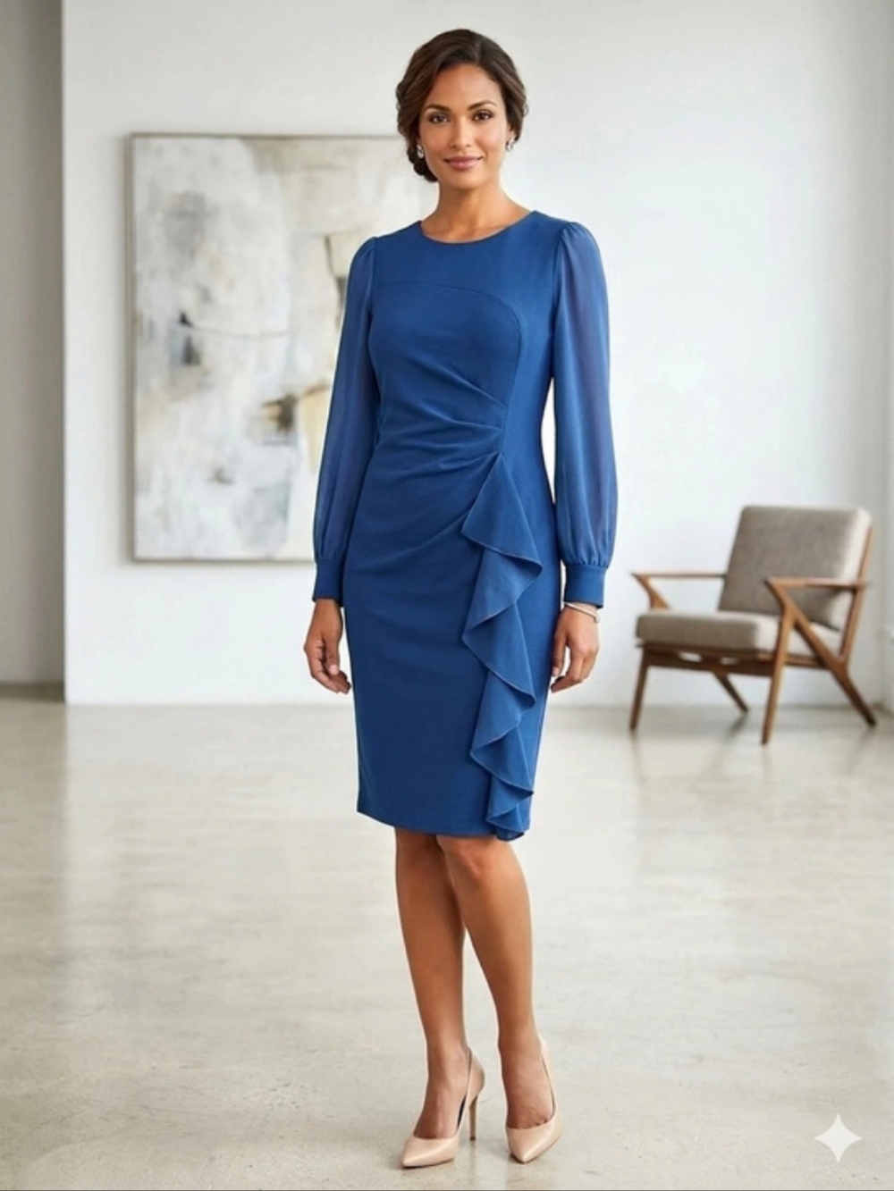 NWT ihot Blue Ruched Ruffle Midi Dress Sheer Long Sleeve L